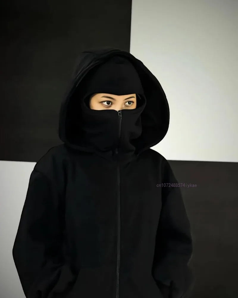 Black Cotton Zipper Hoodie Men and Women  New Mask