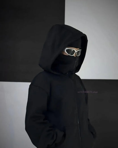 Black Cotton Zipper Hoodie Men and Women  New Mask