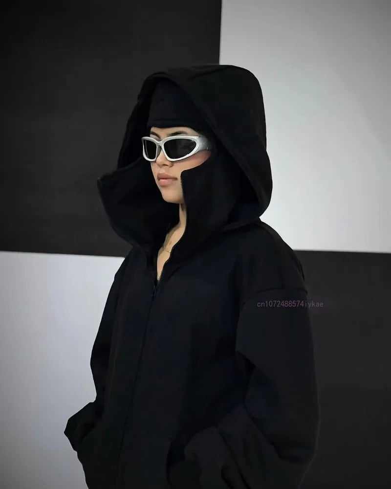 Black Cotton Zipper Hoodie Men and Women  New Mask