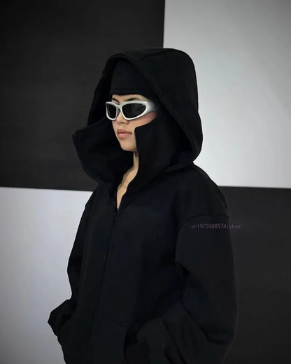 Black Cotton Zipper Hoodie Men and Women  New Mask